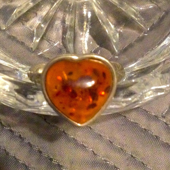 Jewelry - Sterling silver and amber heart ring; 925